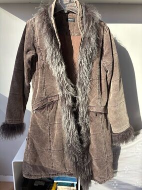 Women's Brown Coat with Faux-Fur Trim